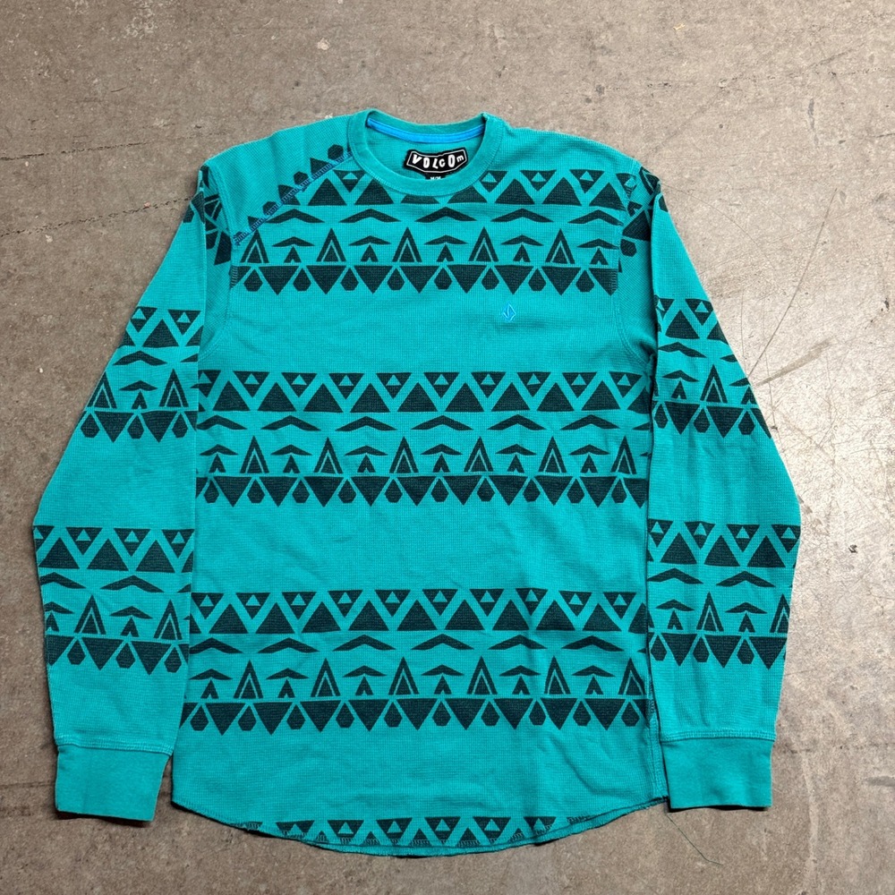Volcom Mens Teal Geometric Tribal Print Waffle Knit Thermal Long Sleeve Shirt M